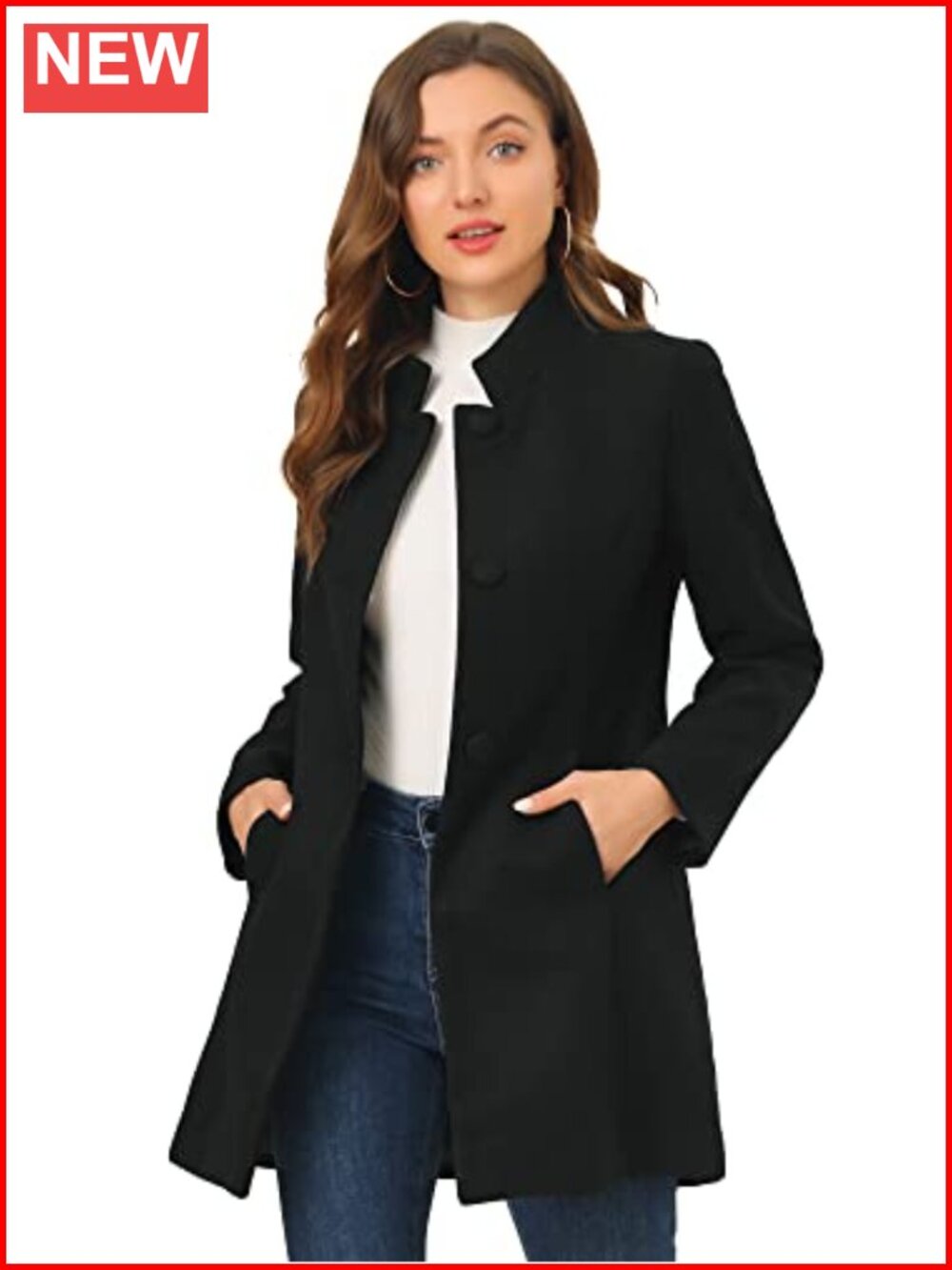 Women Winter Pea Coat Mid-Long Stand Collar Single Breasted Button Coat